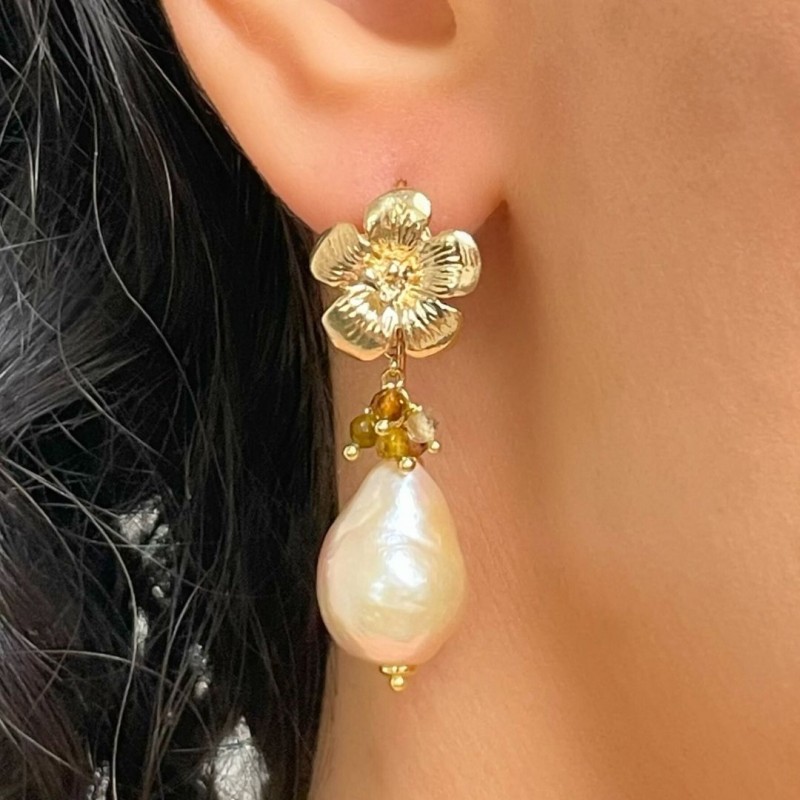 Earrings with Pearl Baroque and bunch of Tourmaline