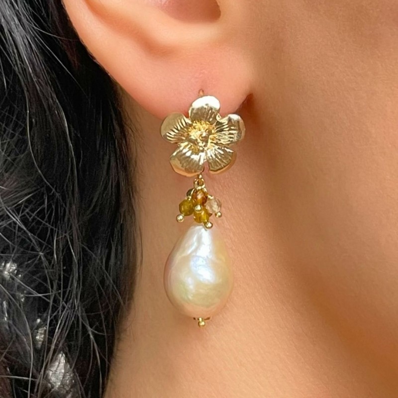 Earrings with Pearl Baroque and bunch of Tourmaline