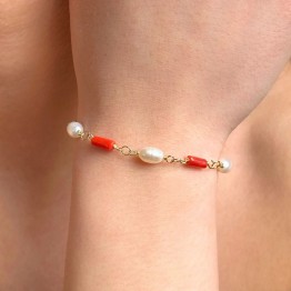 Bracelet with Red Coral and White Pearls