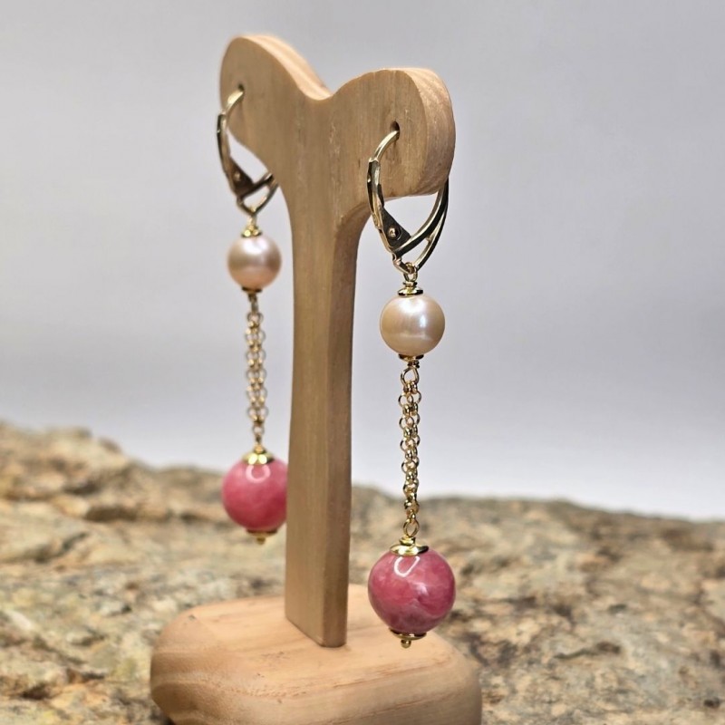 Earrings with Rodocrosite and Pink Pearls