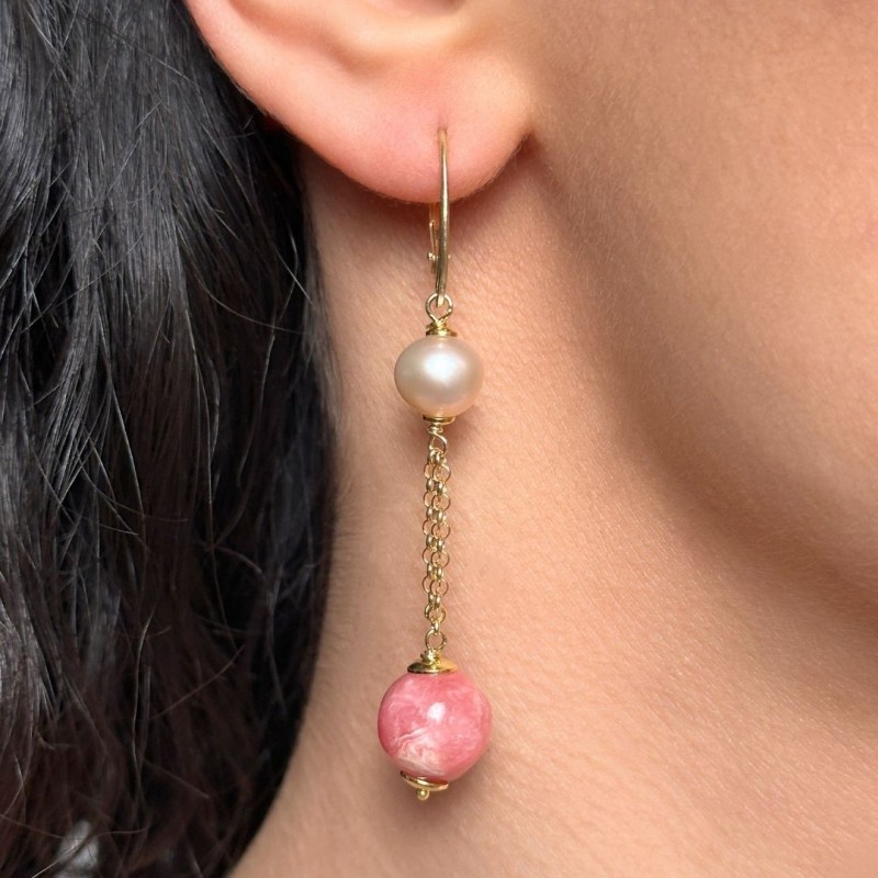Earrings with Rodocrosite and Pink Pearls