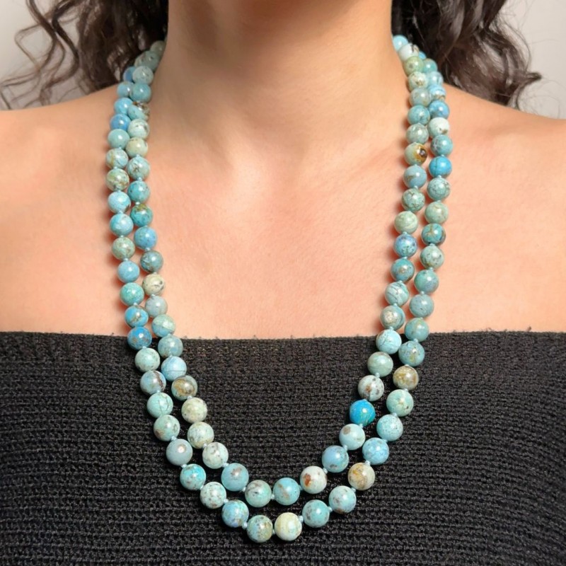 Collana lunga a due fili di Opale Azzurro ø 9,5/10 mm