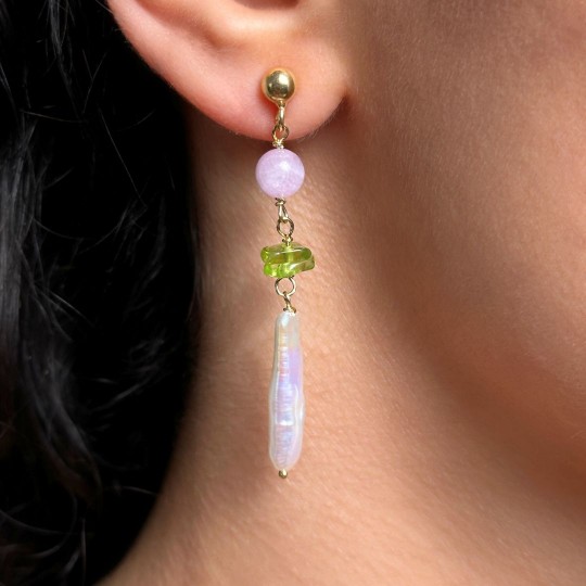 Earrings in Rosario with Pearls, Peridot and Kunzite