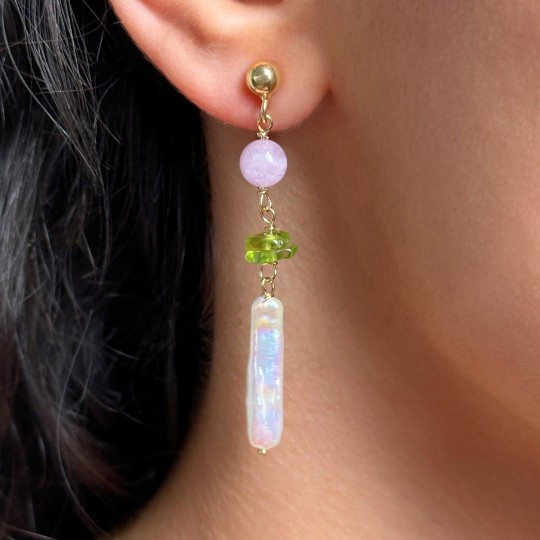 Earrings in Rosario with Pearls, Peridot and Kunzite