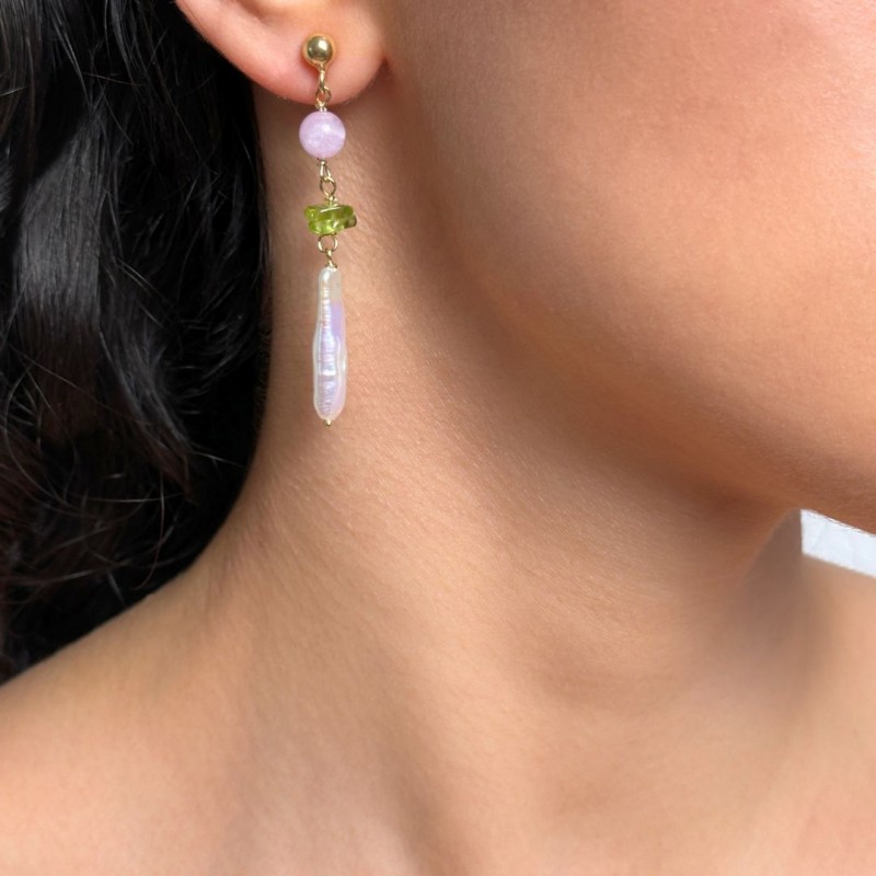 Earrings in Rosario with Pearls, Peridot and Kunzite