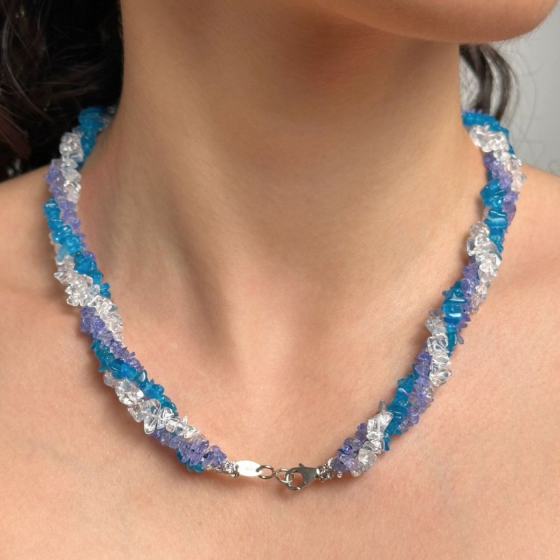 Torchon with 3 threads with Apatitis, Hyal Quartz and Tanzanite