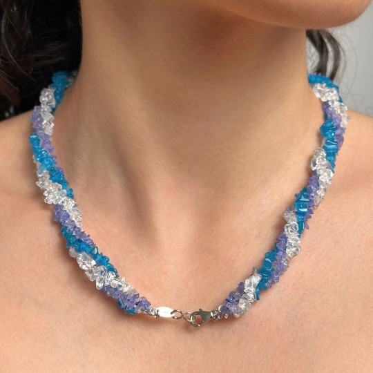 Torchon with 3 threads with Apatitis, Hyal Quartz and Tanzanite