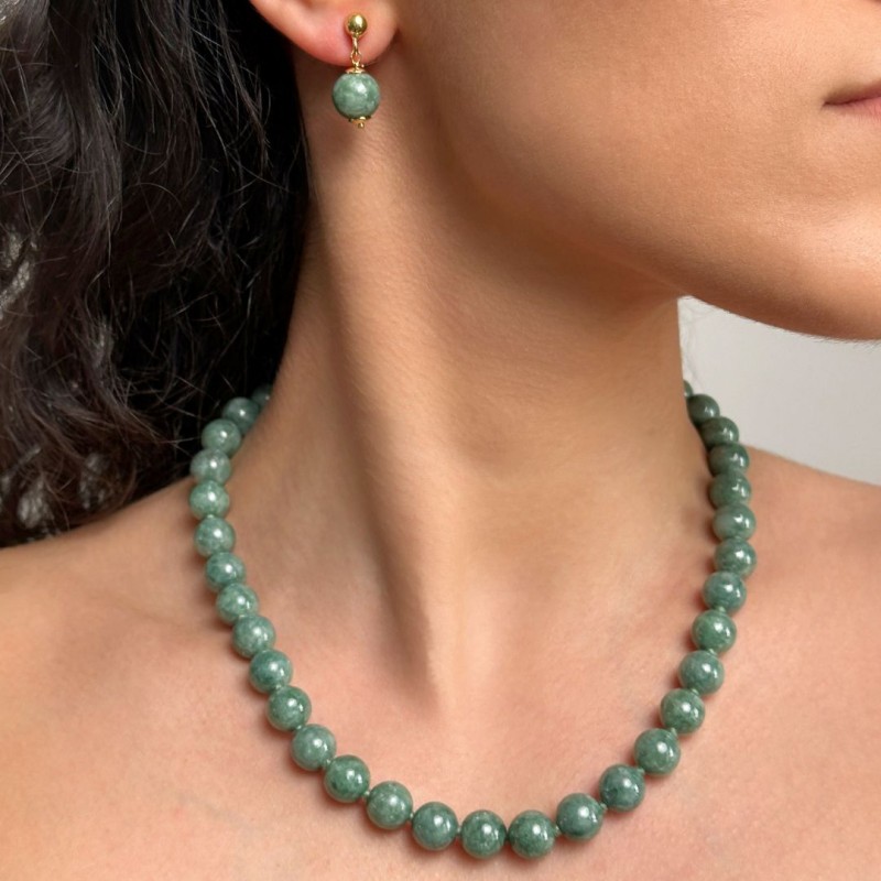 Parure necklace and earrings with intense green burmese jade