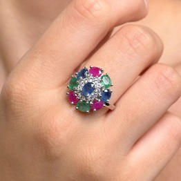 Anello a Rosone con Smeraldi, Zaffiri, Rubini e Topazi