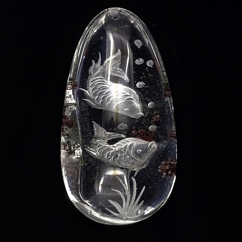 Gemstone quartz with Lodolite Reverse Carving with 2 fish