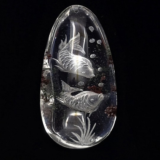 Gemstone quartz with Lodolite Reverse Carving with 2 fish