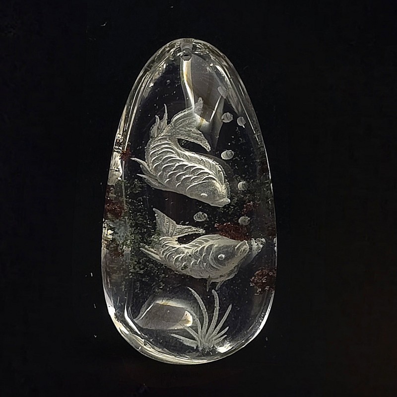 Gemstone quartz with Lodolite Reverse Carving with 2 fish