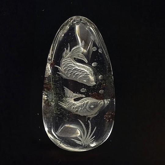 Gemstone quartz with Lodolite Reverse Carving with 2 fish