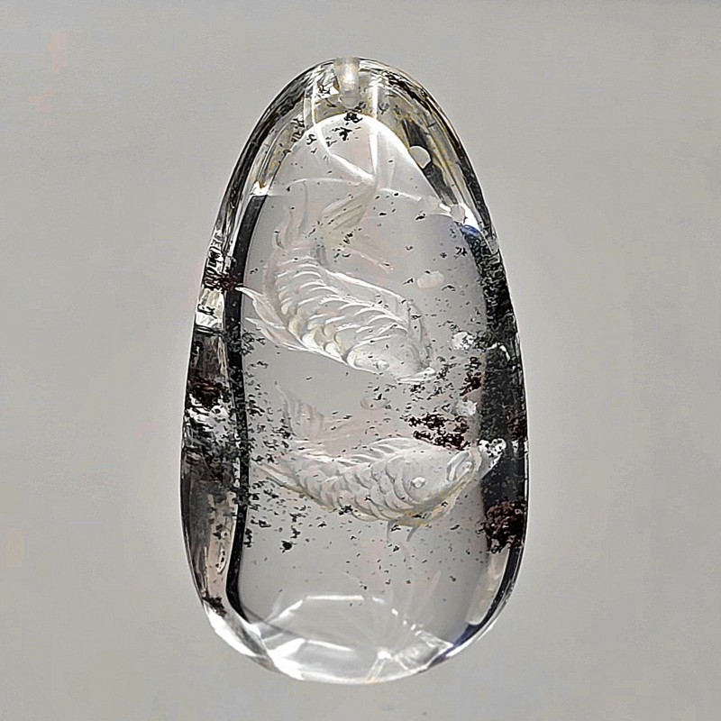 Gemstone quartz with Lodolite Reverse Carving with 2 fish