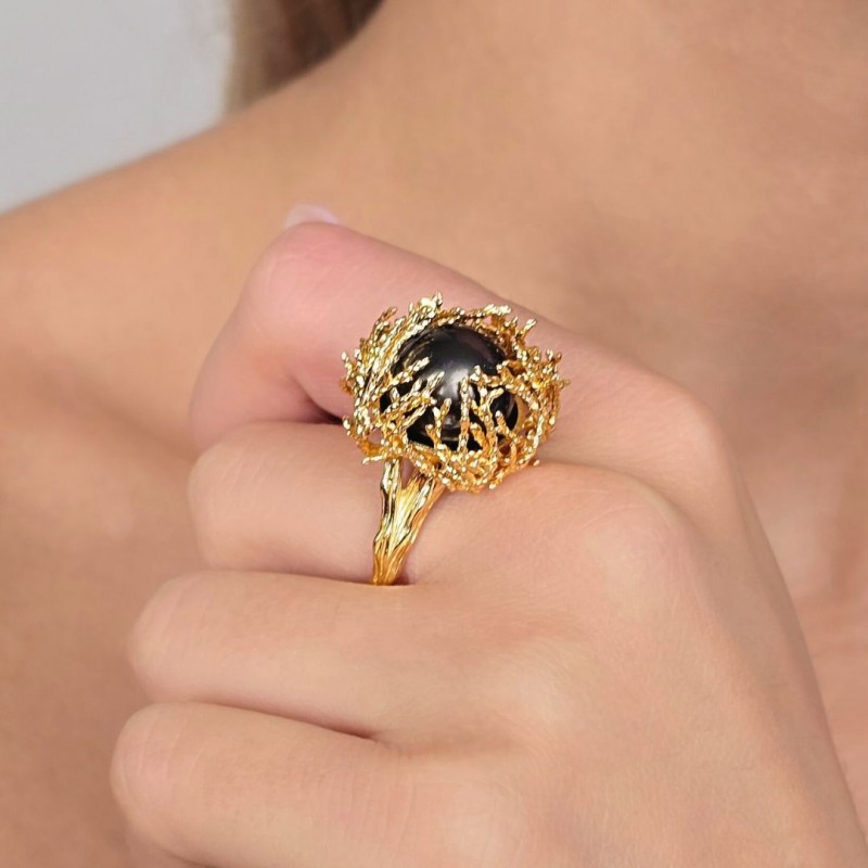 Coral basket ring with tahiti pearl Ø 14 mm