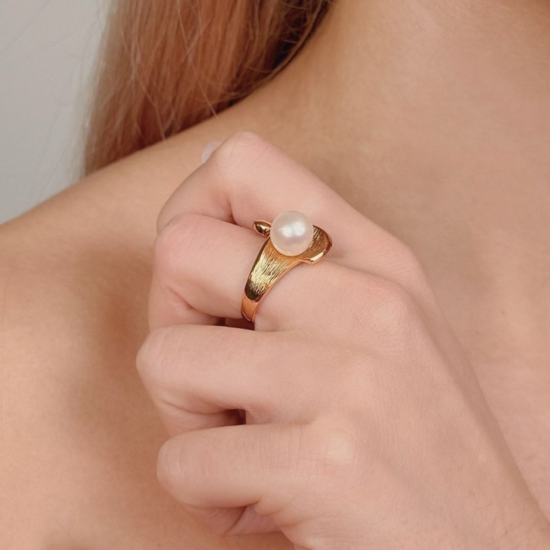 Anello con Foglia Satinata e Perla Semiround ø 8,5/9 mm