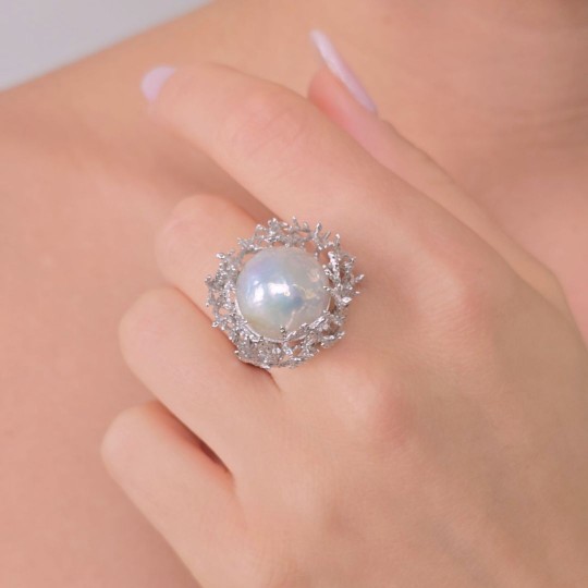 Anello Cestino Corallo con Perla Barocca