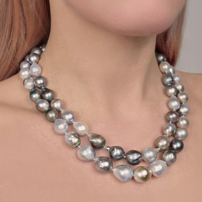 Collana a 2 Fili Paralleli con Perle di Tahiti ø 9/14 mm