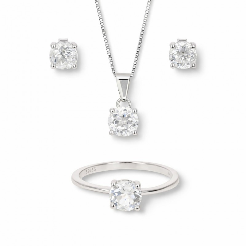 Parure Anello, Orecchini e Pendente di Topazio Incolore