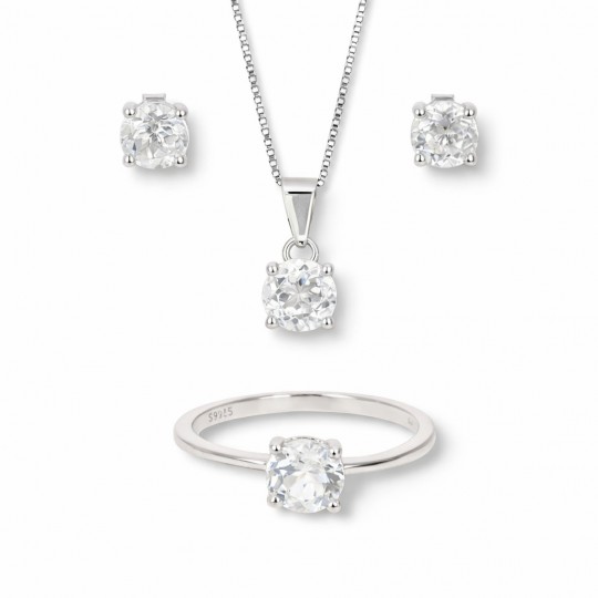 Parure Anello, Orecchini e Pendente di Topazio Incolore