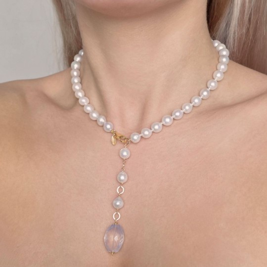 Collana di Perle e 1 Quarzo Lavanda