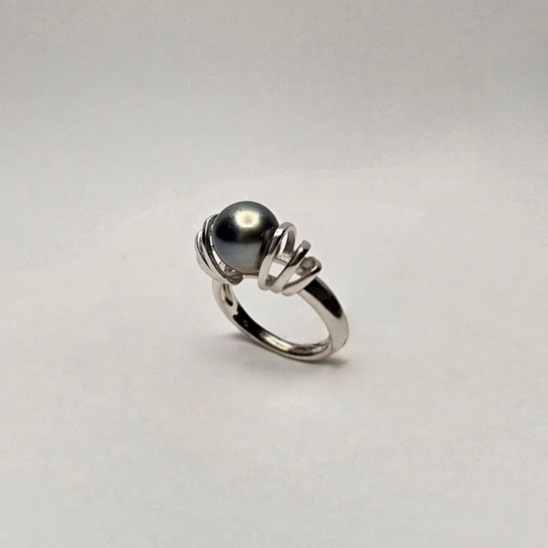 Anello in Argento 925‰ Rodiato con Perla di Tahiti ø 9,4 mm