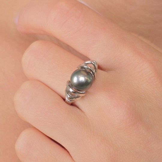 Anello in Argento 925‰ Rodiato con Perla di Tahiti ø 9,4 mm