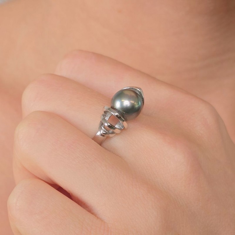 Anello in Argento 925‰ Rodiato con Perla di Tahiti ø 9,4 mm