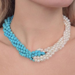 Collana a 6 Fili Intrecciati di Perle e Turchese