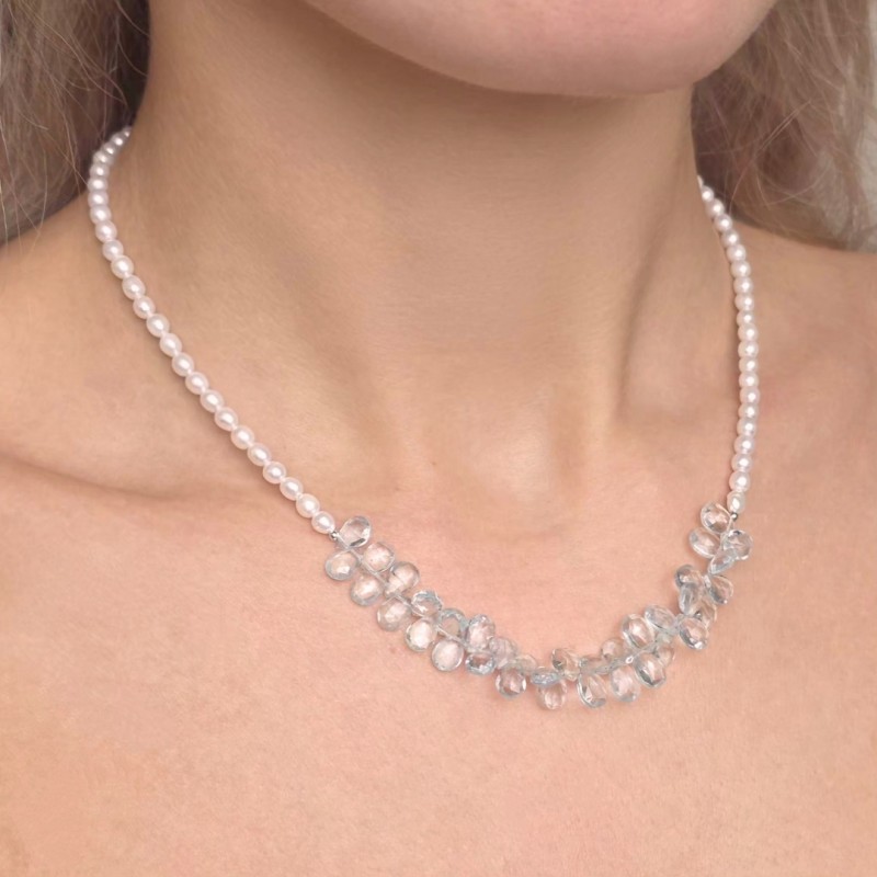 Necklace with Pearl and drop aquamarine